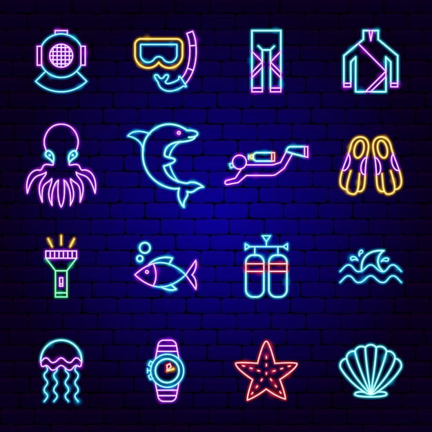 Scuba Diving Neon Icons Vector Illustratie van Duikpromotie