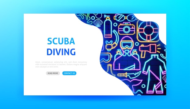 Scuba diving neon landing page illustrazione vettoriale della promozione ocean dive