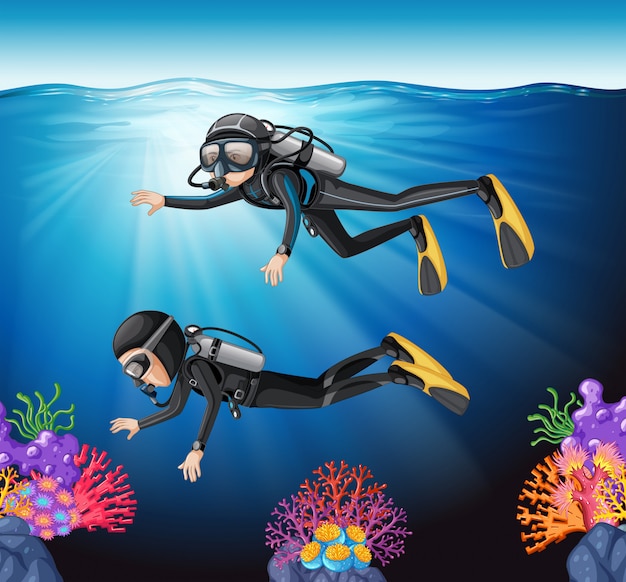 Vector scuba diving in the ocean