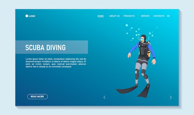 Vector scuba diving poster snorkeling template isometric concept traveling touristic sport activity summer underwater hobby landing page web design man in wetsuit with oxygen tank vector illustration