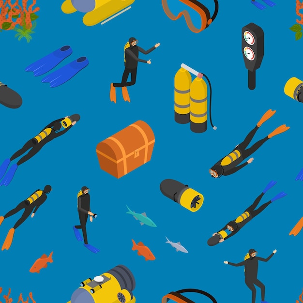 Vector scuba diving signs 3d seamless pattern background isometric view include of snorkel and mask vector illustration of underwater sport icon