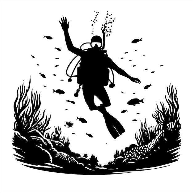 scuba diving silhouette vector illustration on white background