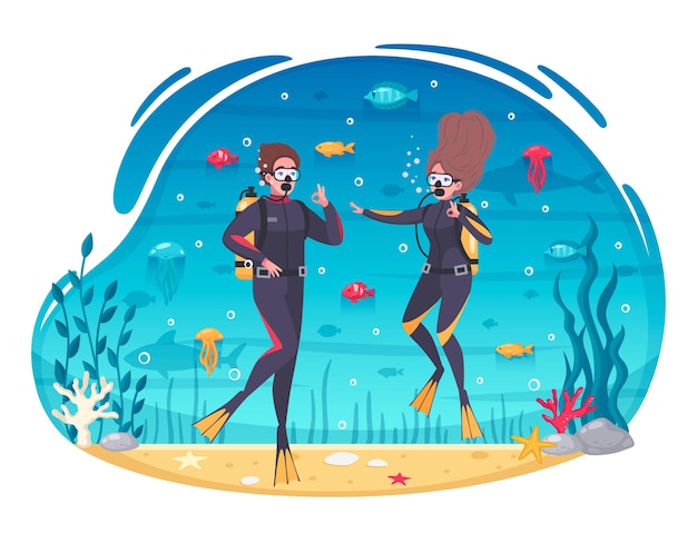 Vector scuba diving and snorkeling couple cartoon illustration