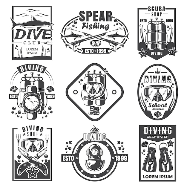 Scuba diving and spearfishing vintage logo set vector monochrome illustration