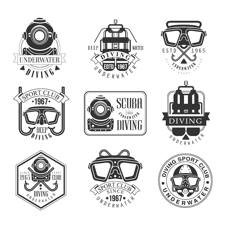 Vector scuba diving underwater adventure club black and white sign design templates with text and tools silhouettes