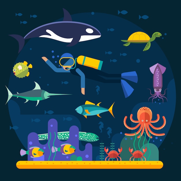 Подводное плавание с рыбами и коралловыми рифами векторная иллюстрация