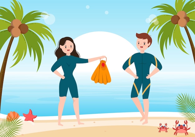 Scuba Diving with Underwater Swimming Equipment for Exploring Sea in Flat Cartoon Illustration