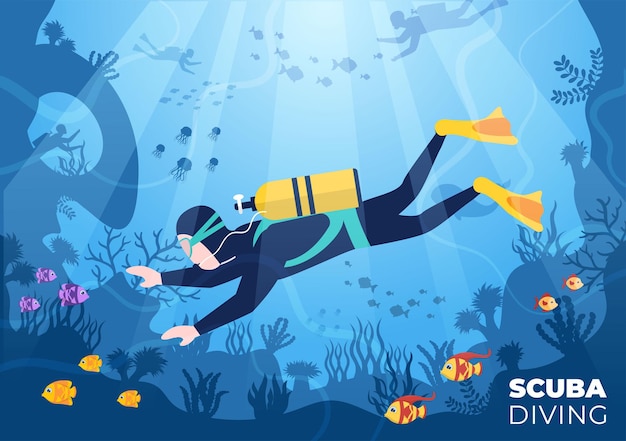 플랫 만화 그림에서 바다를 탐험하기 위한 수중 수영 장비로 스쿠버 다이빙
