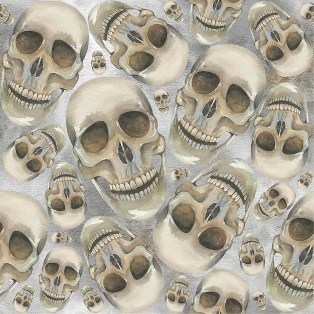 sculls seamless pattern watercolor print on dark background hand painted