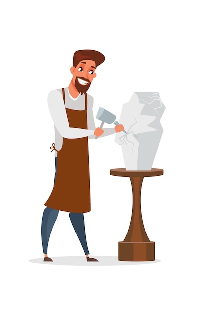 Sculptor making statuette illustration, man in apron holding hammer and chisel character