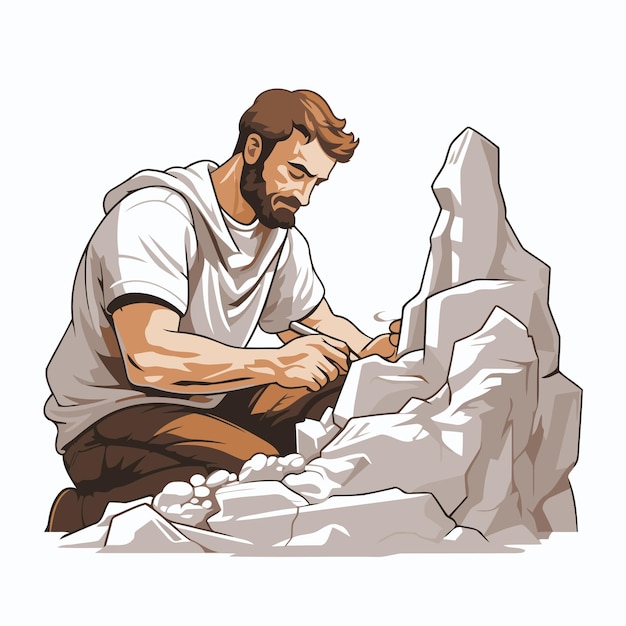 Vector sculptor working on a stone vector illustration in cartoon style