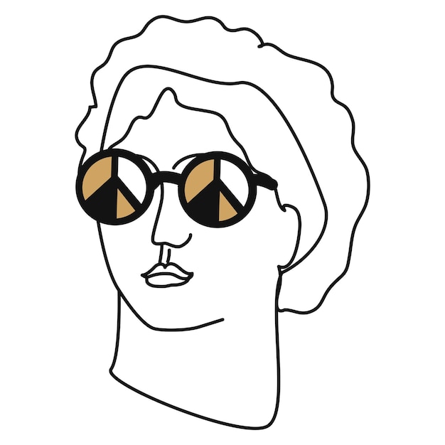 Sculpture from Greek mythology in one line David wearing sunglasses with a symbol of peace Abstract