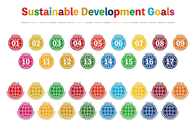 SDGs 開発目標のラベルのセットで、規定の 17 色の地球の形をしています