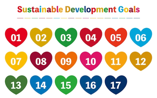 SDGs a set of labels for development goals in 17 prescribed colors heartshaped