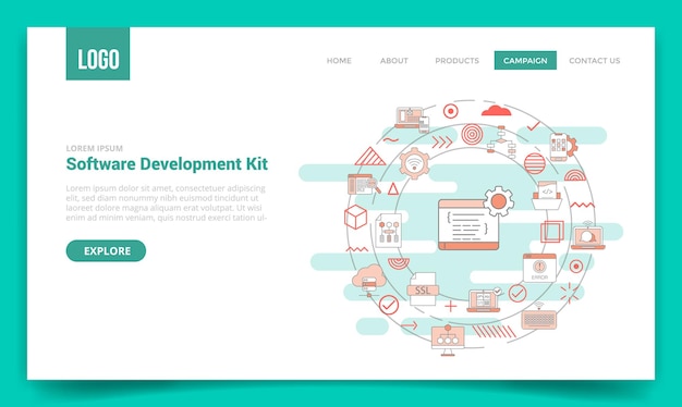 ウェブサイト テンプレートまたはランディング ページのホームページの円のアイコンを含む sdk ソフトウェア開発キットのコンセプト