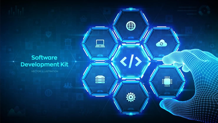 Vector sdk software development kit programming language technology concept on virtual screen programming code wireframe hand places an element into a composition visualizing sdk vector illustration