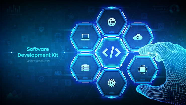 Vector sdk software development kit programming language technology concept on virtual screen programming code wireframe hand places an element into a composition visualizing sdk vector illustration