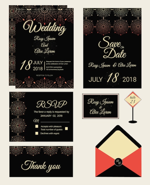 Se of invitation cards with elements