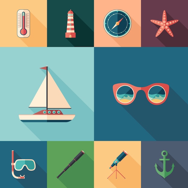 Морские приключения набор плоских квадратных икон с длинными тенями.