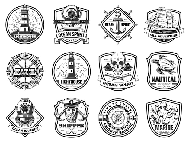 Sea anchor sailing ship and helm Nautical badges