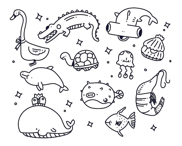 Sea animal doodle style illustration