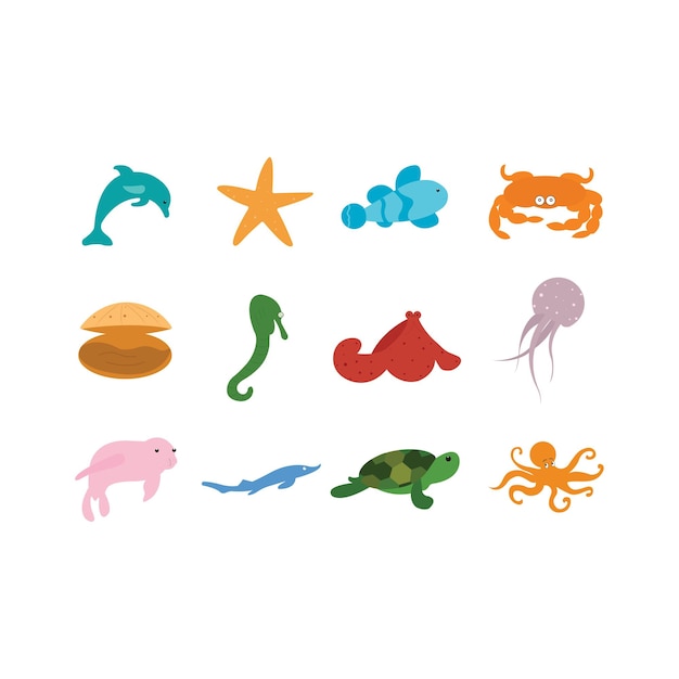 바다 동물 관련 아이콘 물고기, 해초, 조개 및 돌 실루엣 흰색 배경에 고립