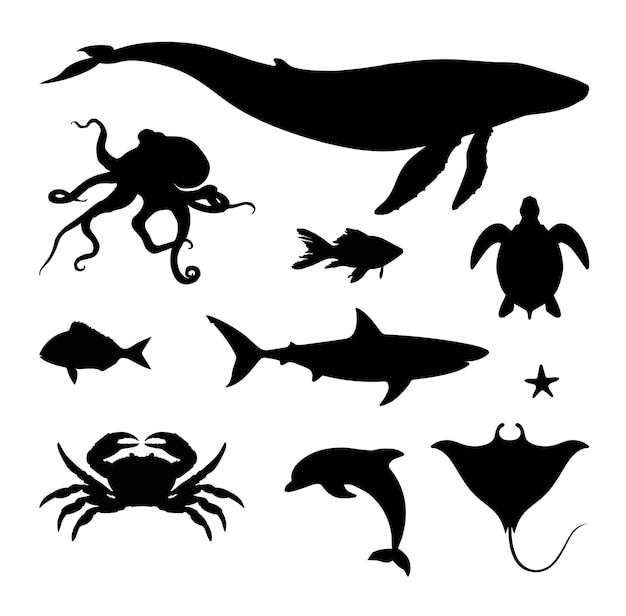 Vector sea animal silhouettes