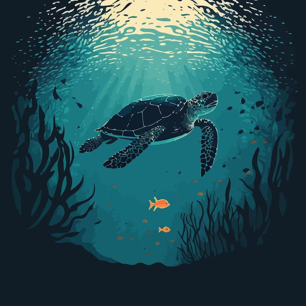 Sea animal turtle diving under the sea