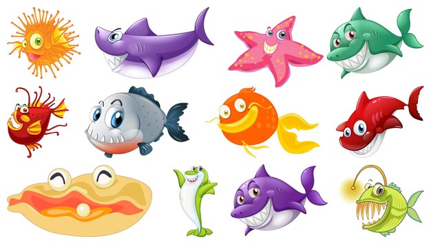 Vector sea animals cartoon collection