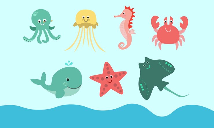 海の動物コレクションキャラクターフラットイラスト