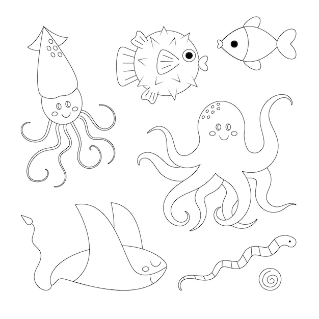 Sea animals coloring page cute cartoon characters set ocean octopus squid blowfish fish stingr