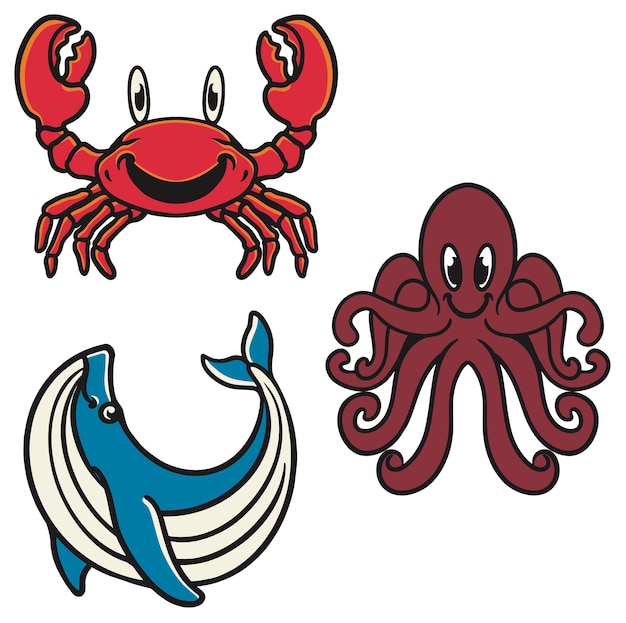 Vector sea animals crab whale octopus vector character