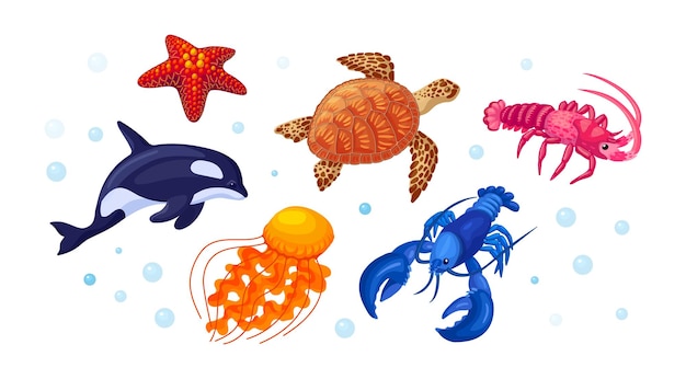 Vector sea animals fish of seafood collection sea turtle, killer whale, lobster, starfish, lobster.