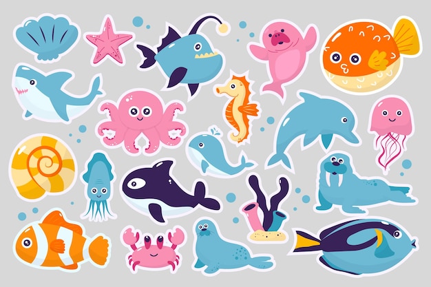 Vector sea animals illustration set