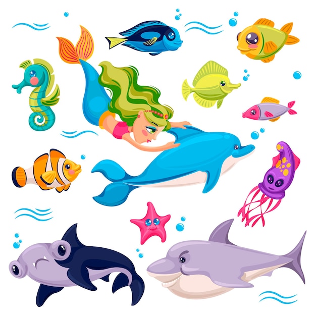 Sea animals ocean creatures fish shark starfish dolphin with mermaid