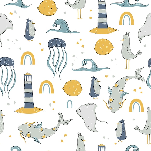 魚、灯台と白い背景の上のかわいい手描きスタイルの海の動物のパターン