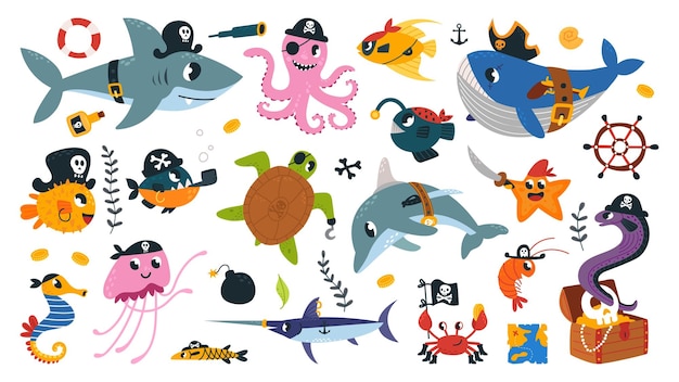 海の動物 海賊 海底アドベンチャー 海賊の要素を持つキャラクター 面白いサメとオオカミ メドゥーシと海馬 クラシックなベクトルセット