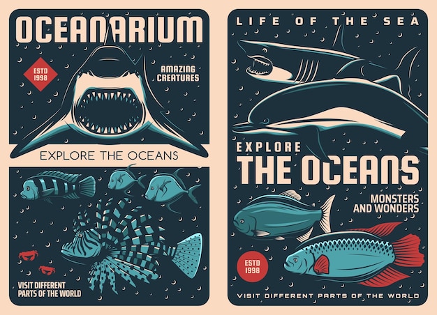 Sea animals retro posters oceanarium fishes