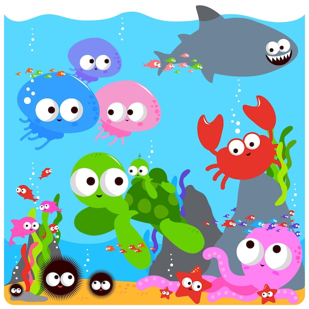 Sea animals under the sea Fish octopus and shark swimming underwater Vector illustration