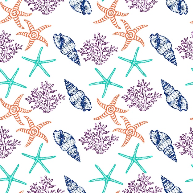 Sea animals sketched seamless pattern marine life creatures hand drawn surface pattern design vector