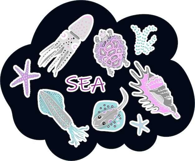 Vector sea animals stickers on black background skat squid turtle starfish and shell