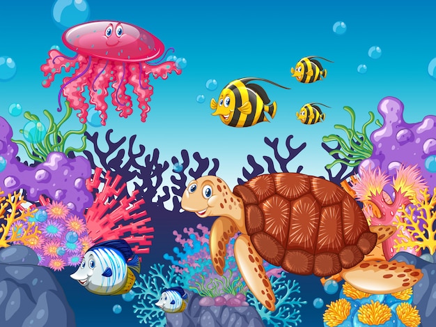 Vector sea animals swimming under the ocean