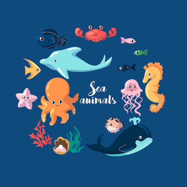 sea animals underwater creatures cute dolphin and octopus exotic fishes jellyfish and starfish childish collection elements in circle form funny characters vector cartoon flat style set