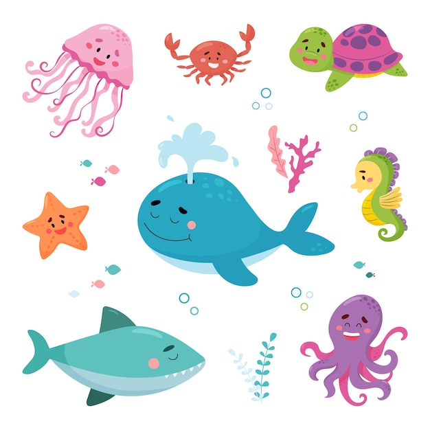 Sea animals vector set idea for postcards invitation poster for kids baby wear