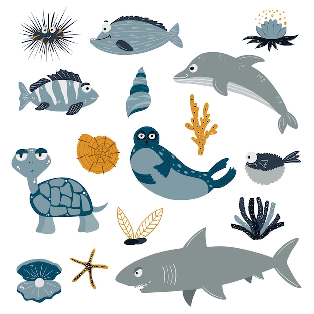 Sea animals on a white background Cute and funny Inhabitants of the marine underwater world Vector illustration on a white background