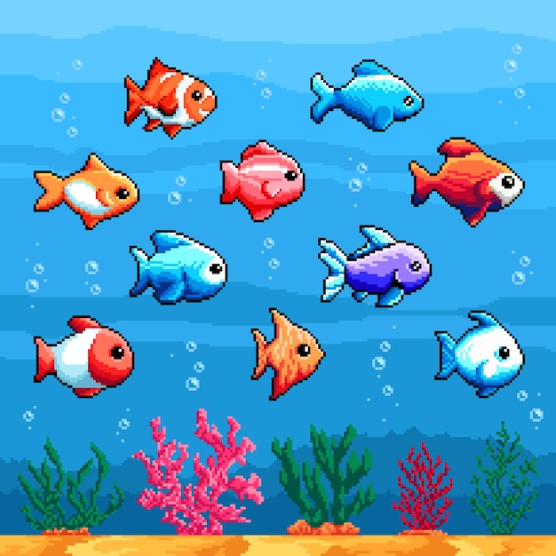 Mare e acquario pesci tropicali pixel animali a 8 bit sfondo arcade retrò scenario vettoriale console piattaforma 2d o risorsa di progettazione del livello di gioco per pc a 8 bit sfondo di gioco indie con pesci d'acquario tropicali