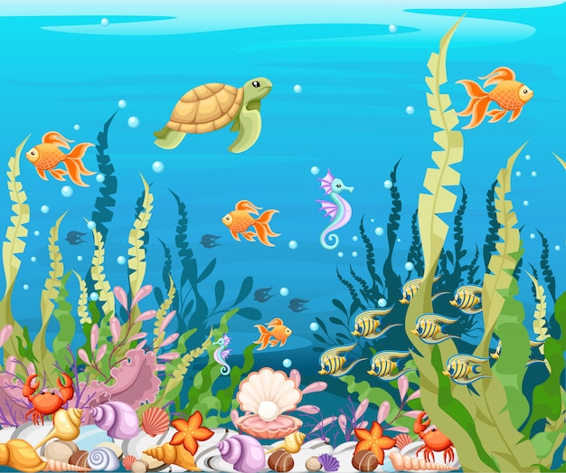 Under the sea background marine life landscape - the ocean and underwater world with different inhabitants. for print, create videos or web graphic design, user interface, card, poster.