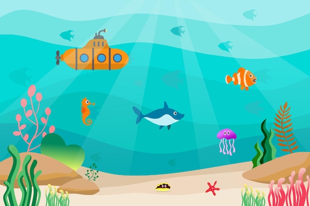 Vettore sotto lo sfondo marino la vita marina paesaggio con pesci sottomarini squalo, stella di mare, medusa, cavalluccio marino, conchiglie e piante sottomarine illustrazione vettoriale di cartoni animati