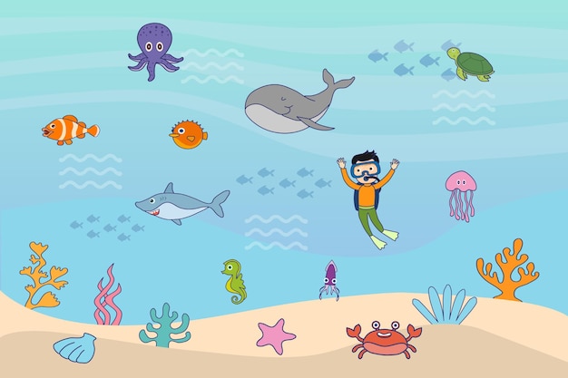 Under the sea background Marine Life Landscape with undersea animals and a diver Cartoon vector illustration