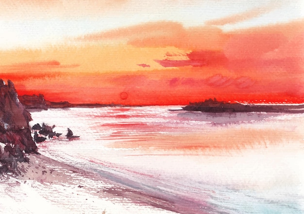 Sea bank at evening light watercolor art and paint